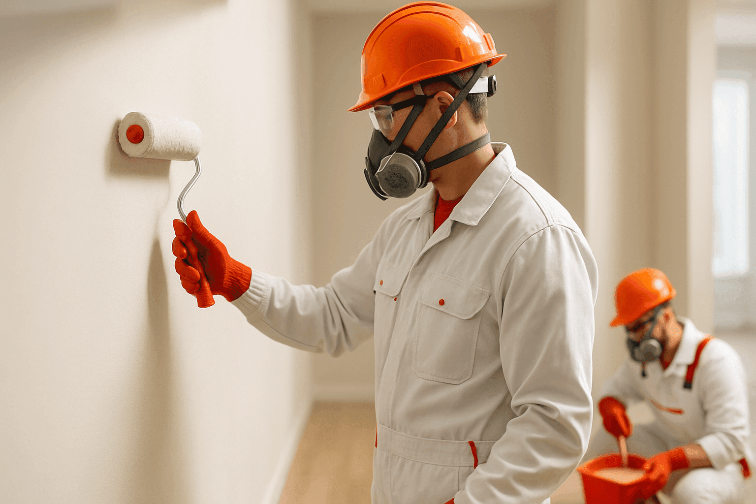 Two professional painters in safety gear applying paint on a clean interior wall