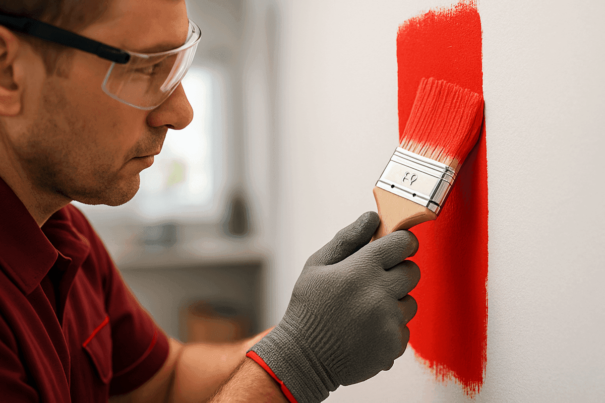 Close-up of painter’s gloved hands applying red paint on a white wall indoors